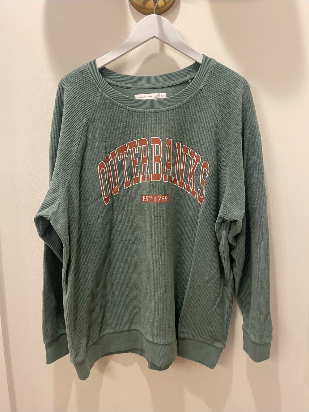 Altar'd State Sage Green 'OUTERBANKS' Washed Corded Graphic Crewneck Sweatshirt